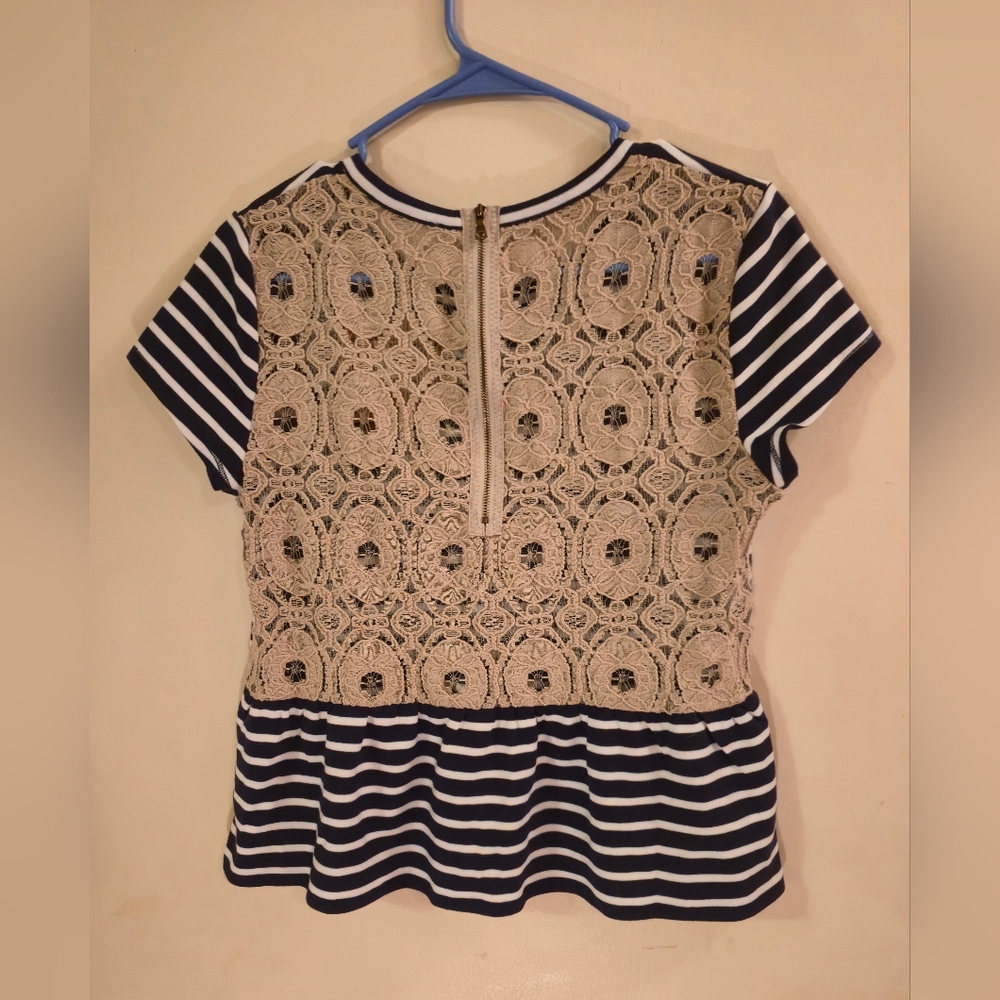 NWT Rachel Roy Peplum Top - Navy Blue White Striped - Lace Zipper Back - Size L